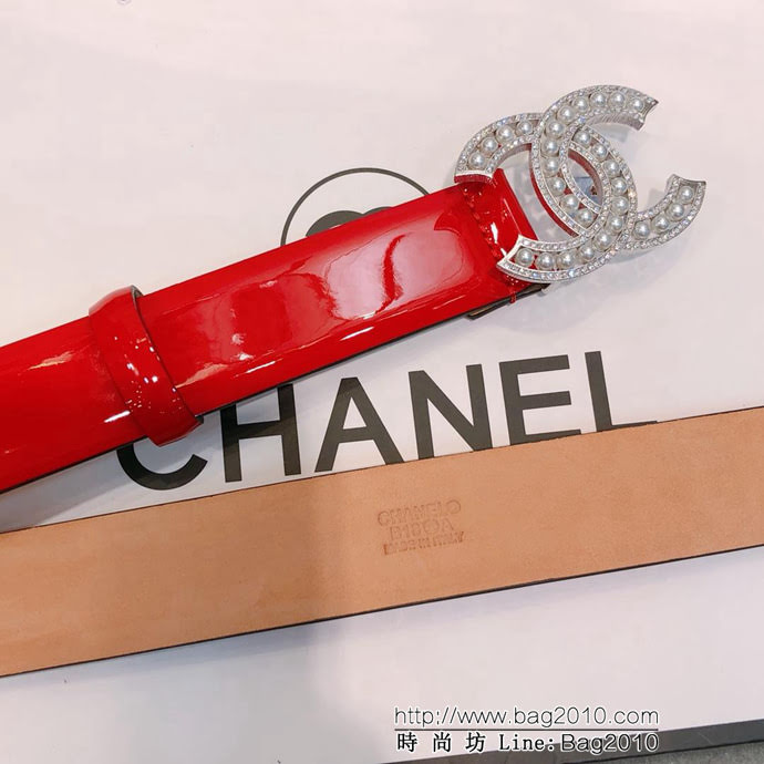 CHANEL香奈兒 18新款 30mm精品 CC珍珠滿鑽鏤空扣 樹膏底妖帶 網紅同款腰帶  xfp1160